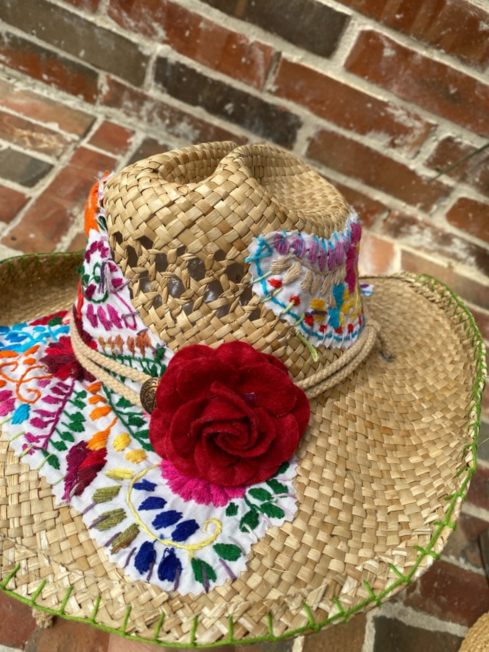 Gaudy Chic Straw Cowboy Hat embellished with Mexican dress Embroidery - Picture 3 of 15